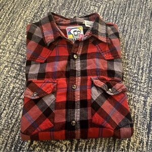 Mambo Shirt Mens Red Plaid Long Sleeve Snap Pockets Cotton - Medium